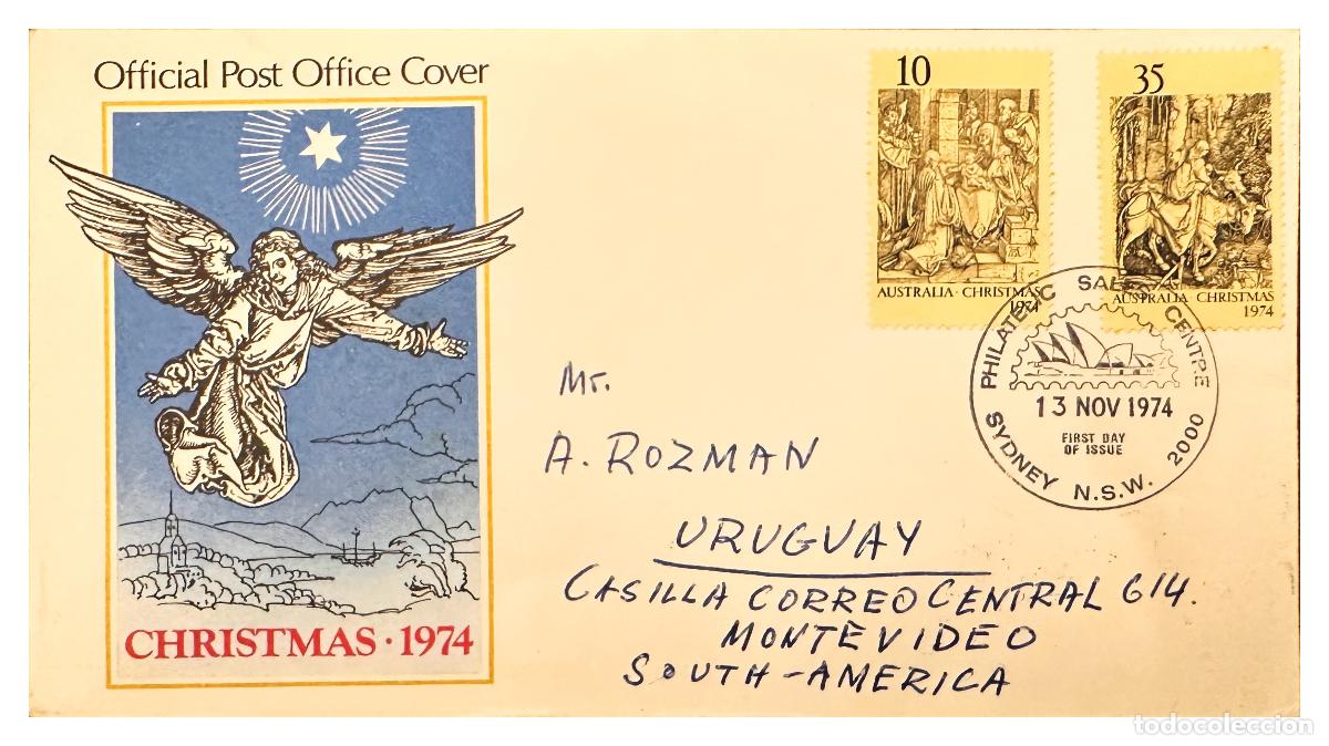 Sellos: CMI) 1974. AUSTRALIA. FDC. CHRISTMAS SCENE REPRODUCTION IN GOLD TO URUGUAY XF
