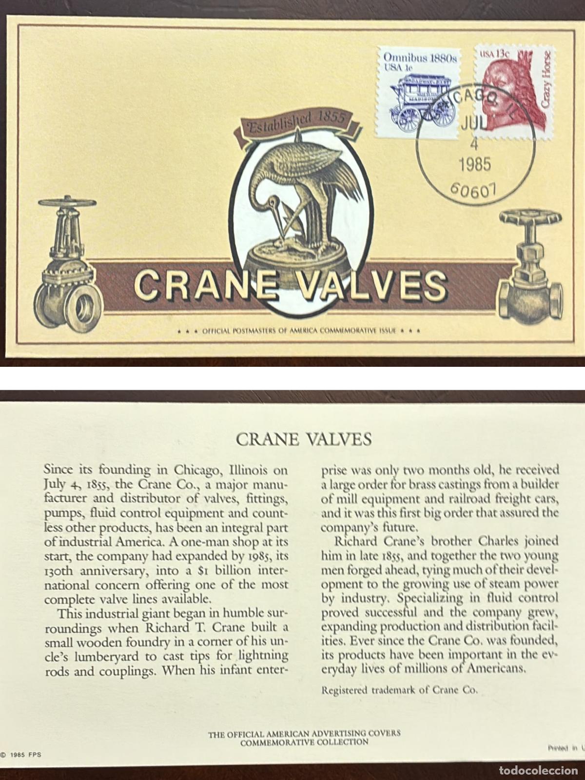 Stamps: CMI) 1985 USA CRAZY HORSE AND OMNIBUS CRANE VALVES FDC FYV XF