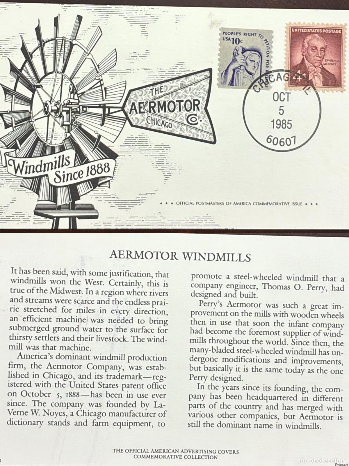 Timbres: CMI) 1985 USA MCDOWELL AND RIGHT TO PETITION AERMOTOR WINDMILLS FDC FYV XF