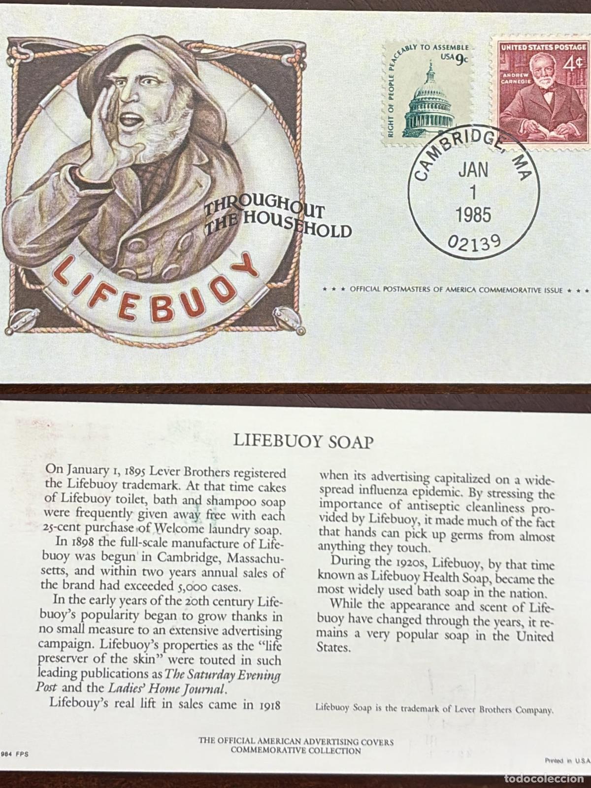 Timbres: CMI) 1985 USA CARNEGIE AND PEACEABLE ASSEMBLY LIFEBUOY SOAP FDC FYV XF