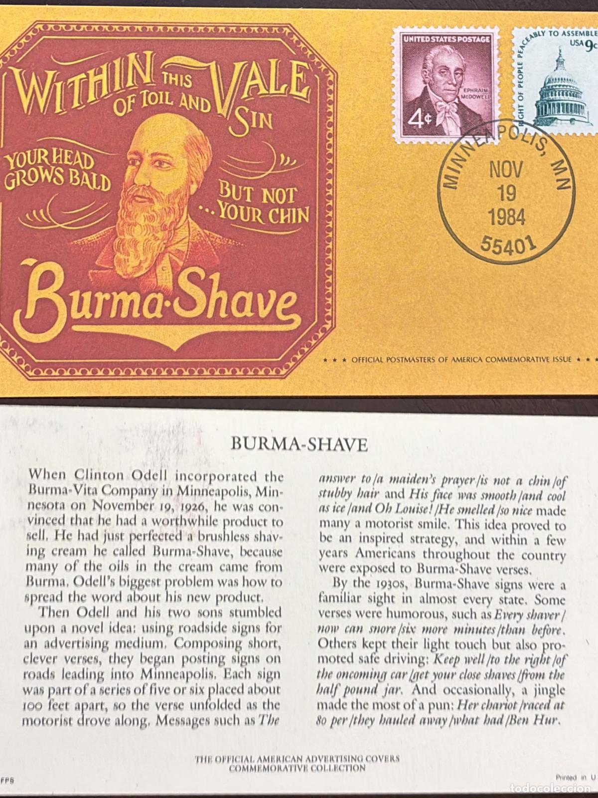 Francobolli: CMI) 1984 USA MCDOWELL AND PEACEABLE ASSEMBLY BURMA SHAVE FDC FYV XF