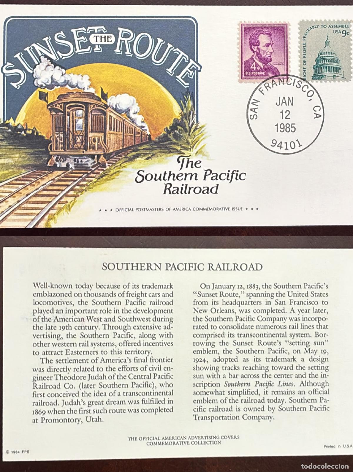 Francobolli: CMI) 1985 USA ABRAHAM LINCOLN SOUTHERN PACIFIC RAILROAD FDC FYV XF