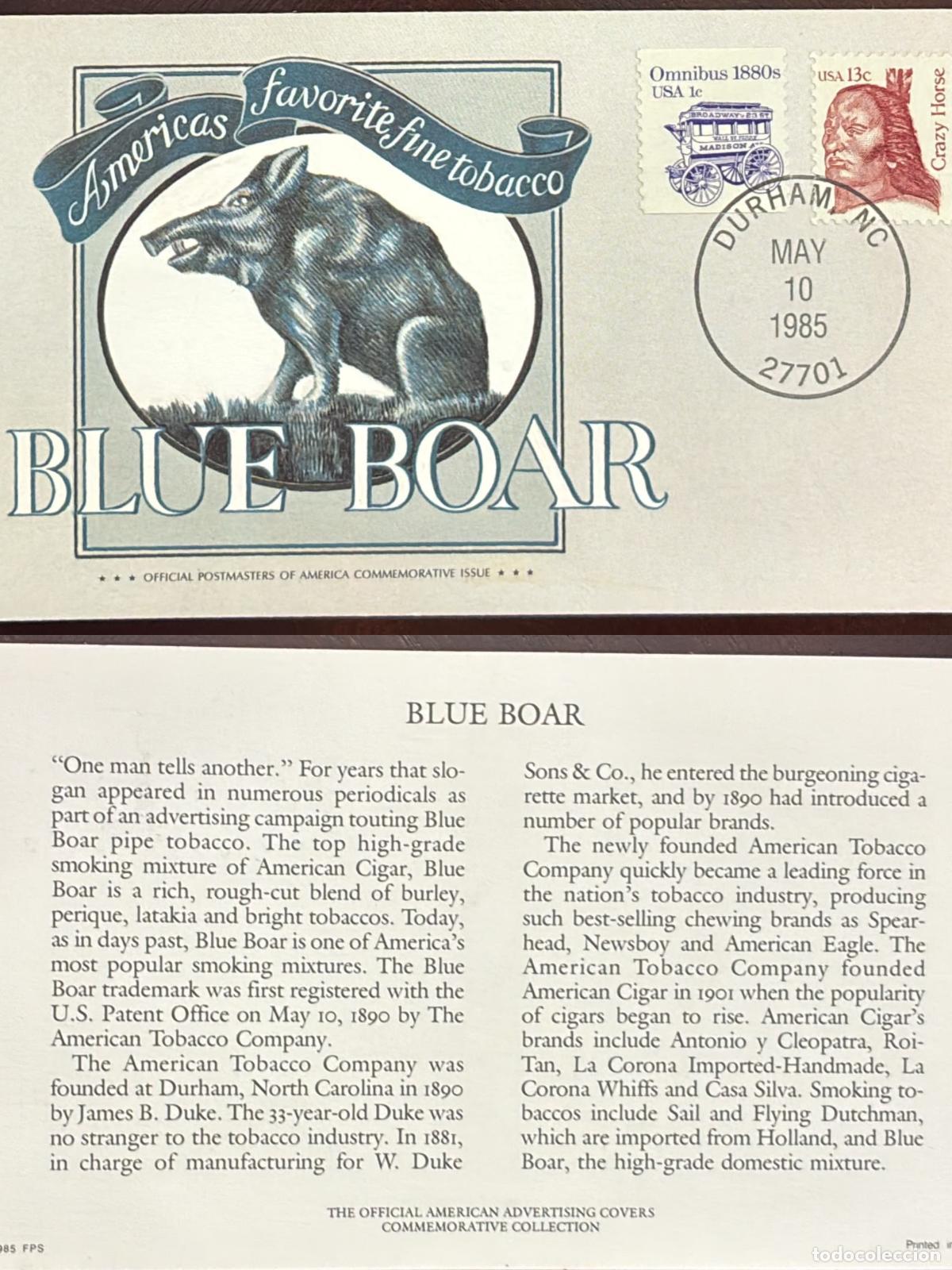 Francobolli: CMI) 1985 USA CRAZY HORSE AND OMNIBUS BLUE BOAR TOBACCO FDC FYV XF