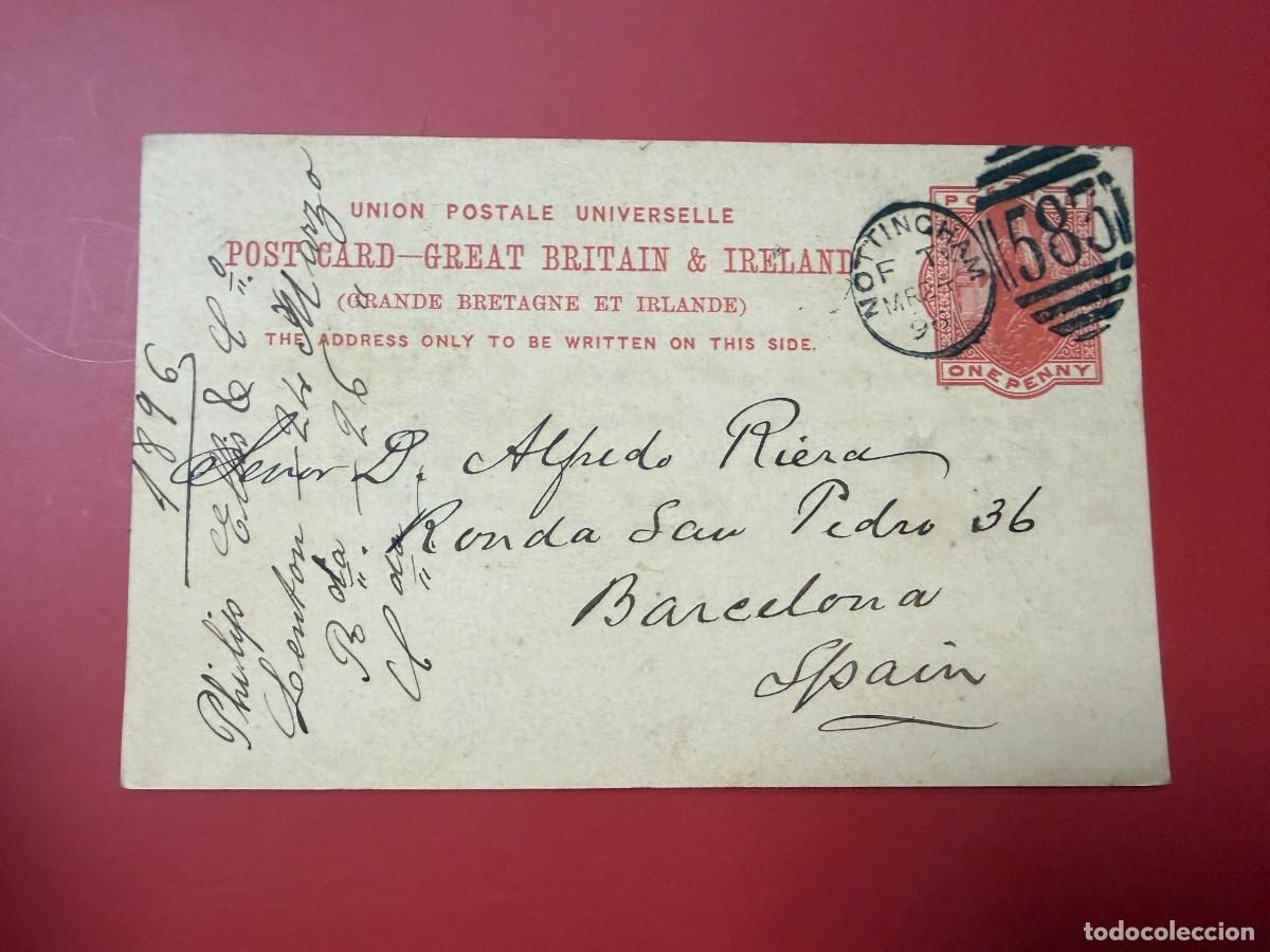 Sellos: ENTERO POSTAL - GRAN BRETA&Ntilde;A - ONE PENNY 1896 - NOTTINGHAM A BARCELONA - PUBLICIDAD AGUJAS PHILIP