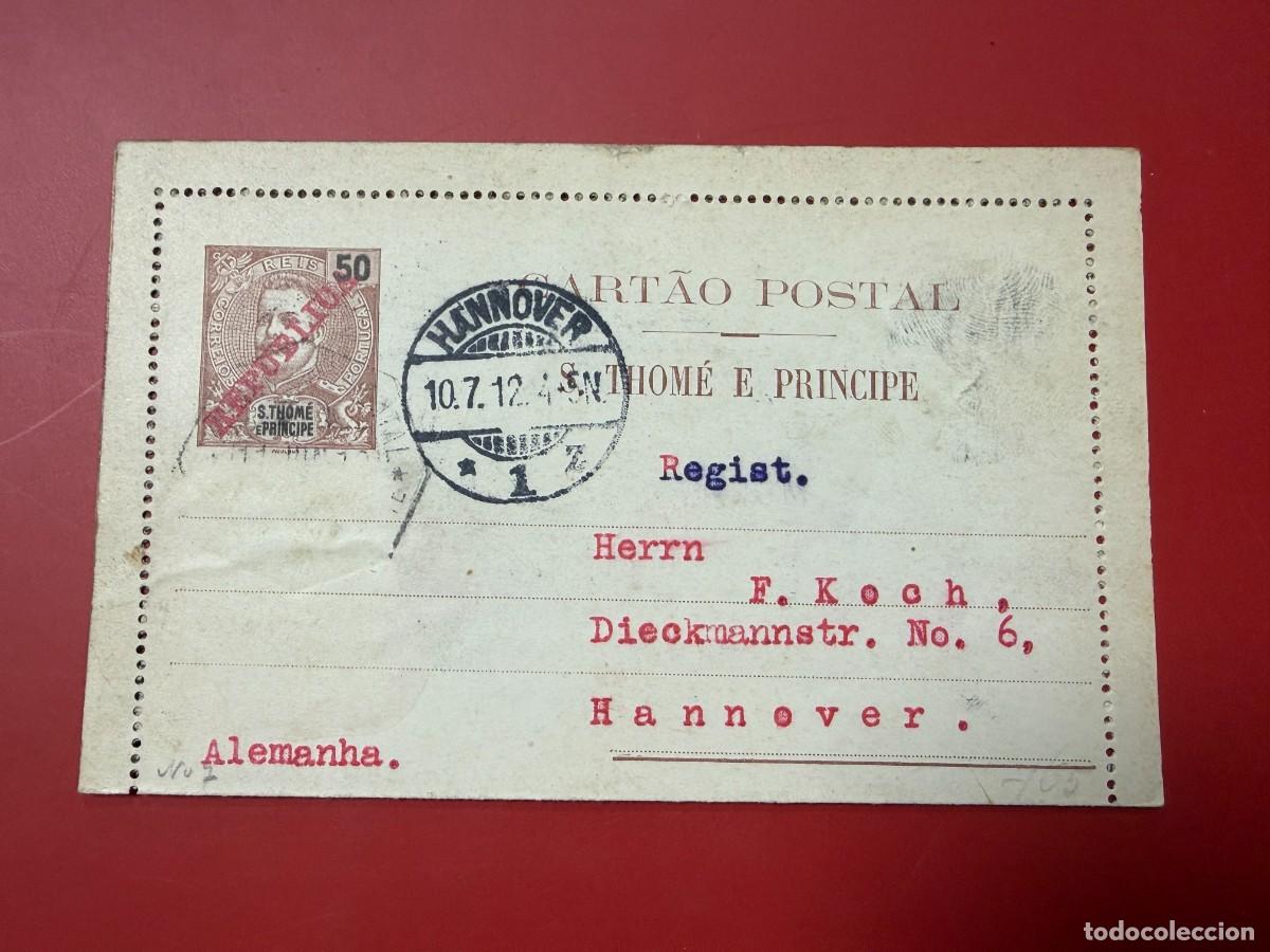 Sellos: ENTERO POSTAL - SANTO TOM&Eacute; Y PR&Iacute;NCIPE -50 REIS- SOBRECARGA REP&Uacute;BLICA - CERTIFICADO A ALEMANIA