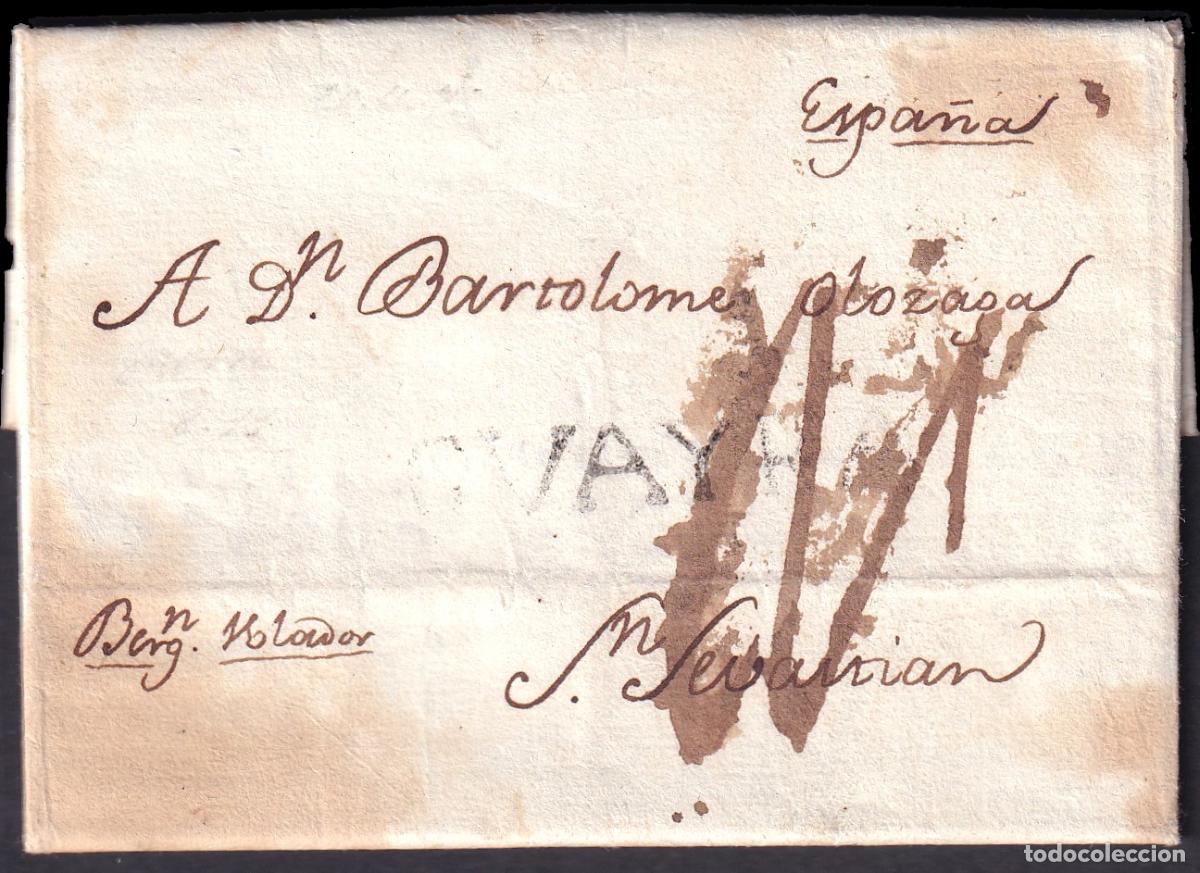 Briefmarken: 1803 (8 NOV) La Guayra (Venezuela) a San Sebasti&aacute;n. Marca �GUAYRA� (n1) lineal en negro. Porteo mns.