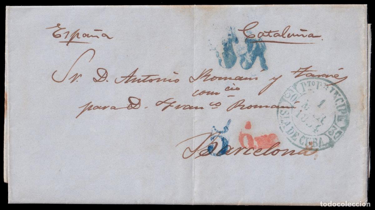 Briefmarken: 1854 (1 MAR) Puerto Pr&iacute;ncipe (Cuba) a Barcelona. Fechador en azul y porteo �5� reales en azul de La