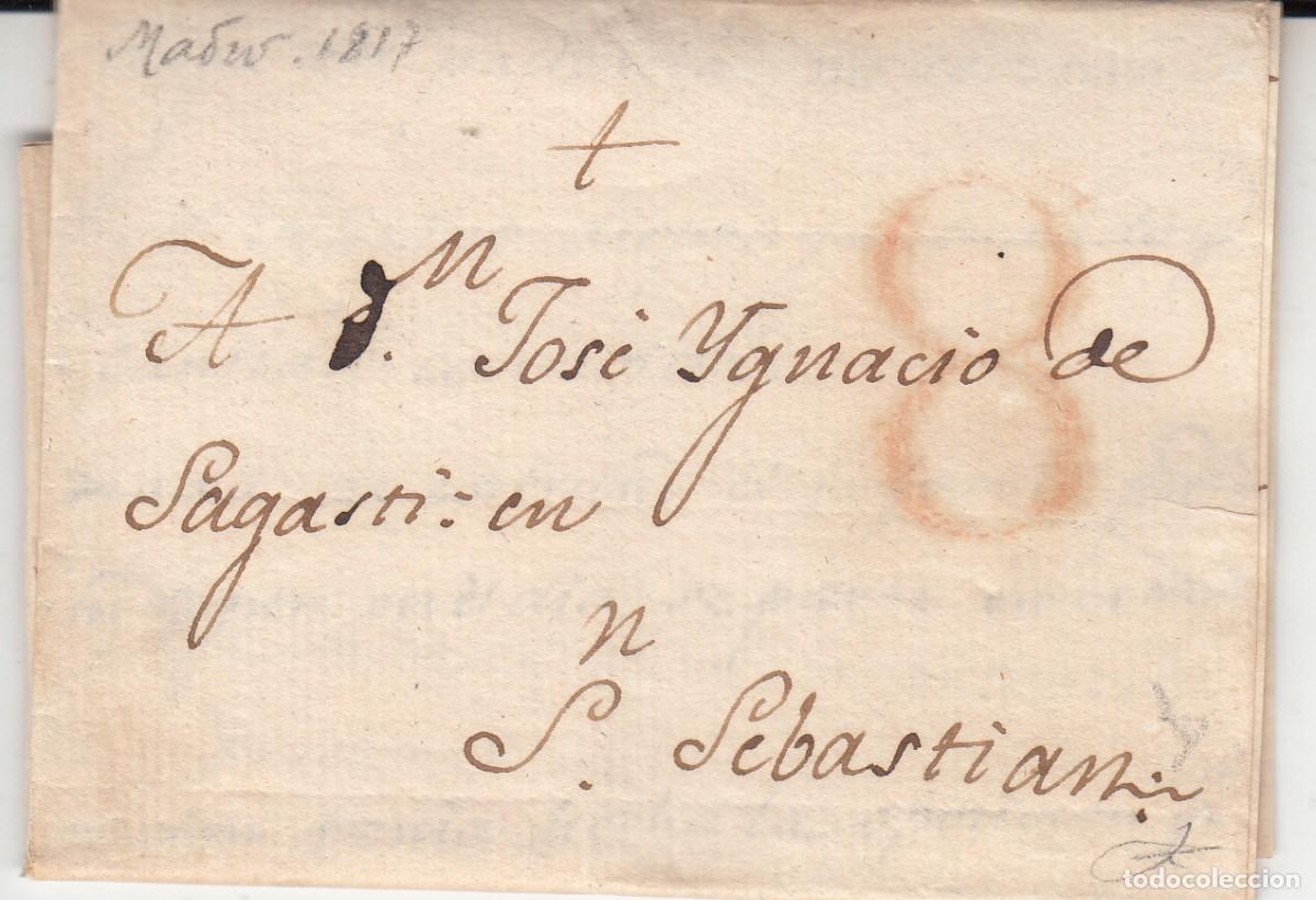 Sellos: 1817 -PREFILATELIA DE MADRID A JOS&Eacute; IGNACIO DE SAGASTI EN SAN SEBASTIAN - DOCUMENTO MUY INTERESANTE