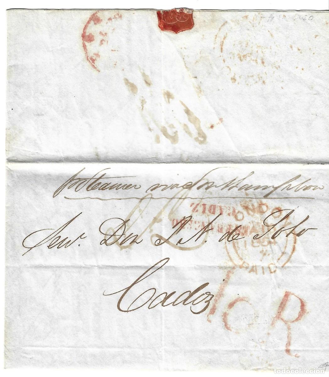 Sellos: 1854 Carta prefilatelia Londres a C&aacute;diz v&iacute;a mar&iacute;tima. ESTRANJERO C&Aacute;DIZ ROJO (RR) a la llegada