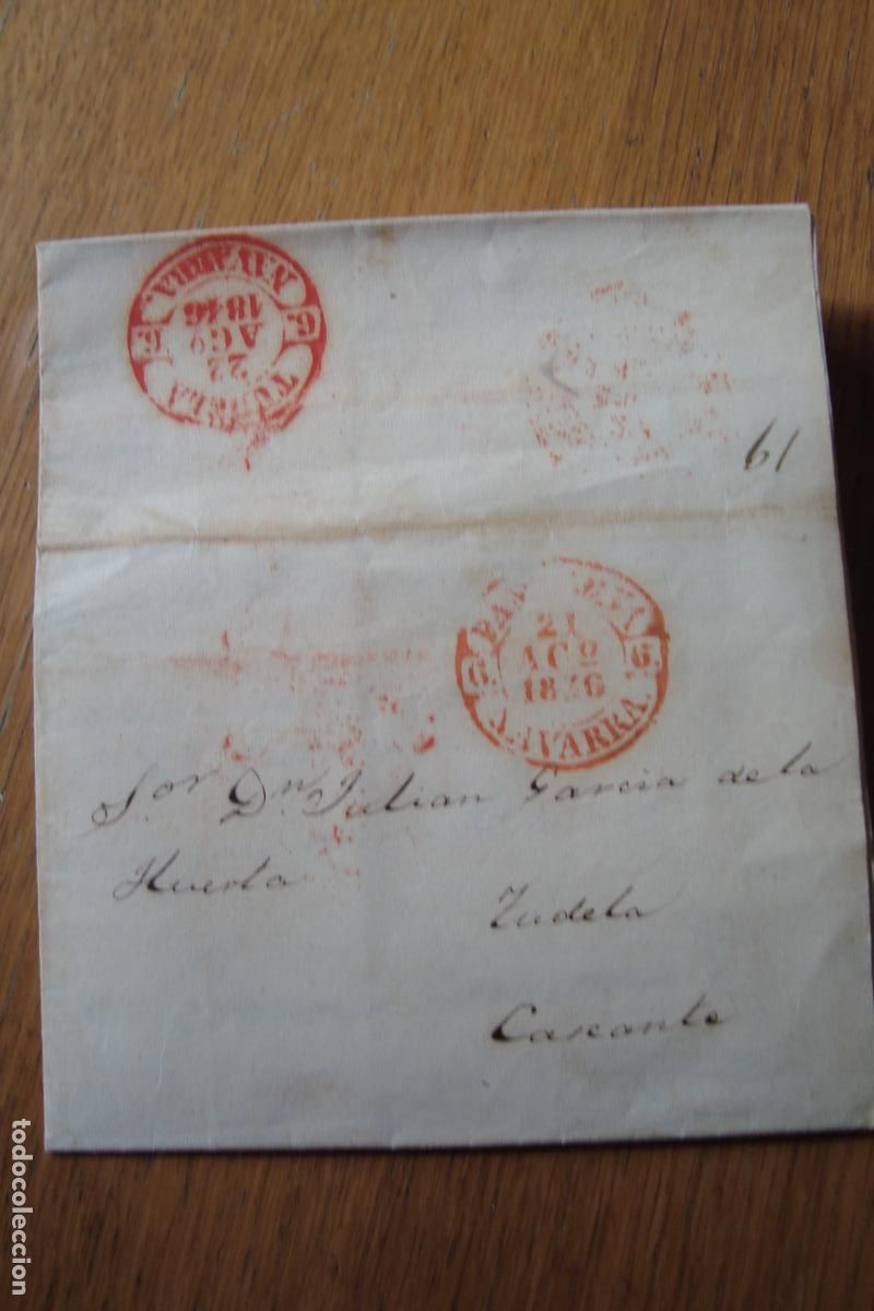 Sellos: PREFILATELIA. CARTA A JULIAN GARCIA DE LA HUERTA TUDELA-CASCANTE. RAMON BARASOAIN. PAMPLONA 1846