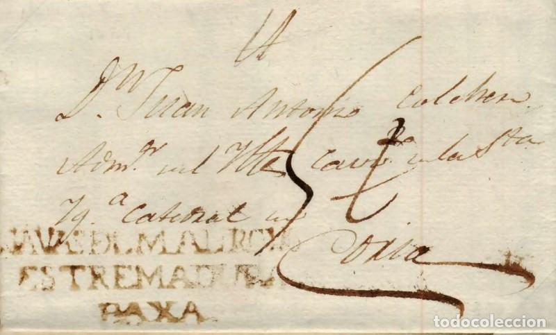 Sellos: FA0790G, PREFILATELIA. 1829, 21 de noviembre. Sobrescrito circulado de Navas del Madro&ntilde;o a Coria