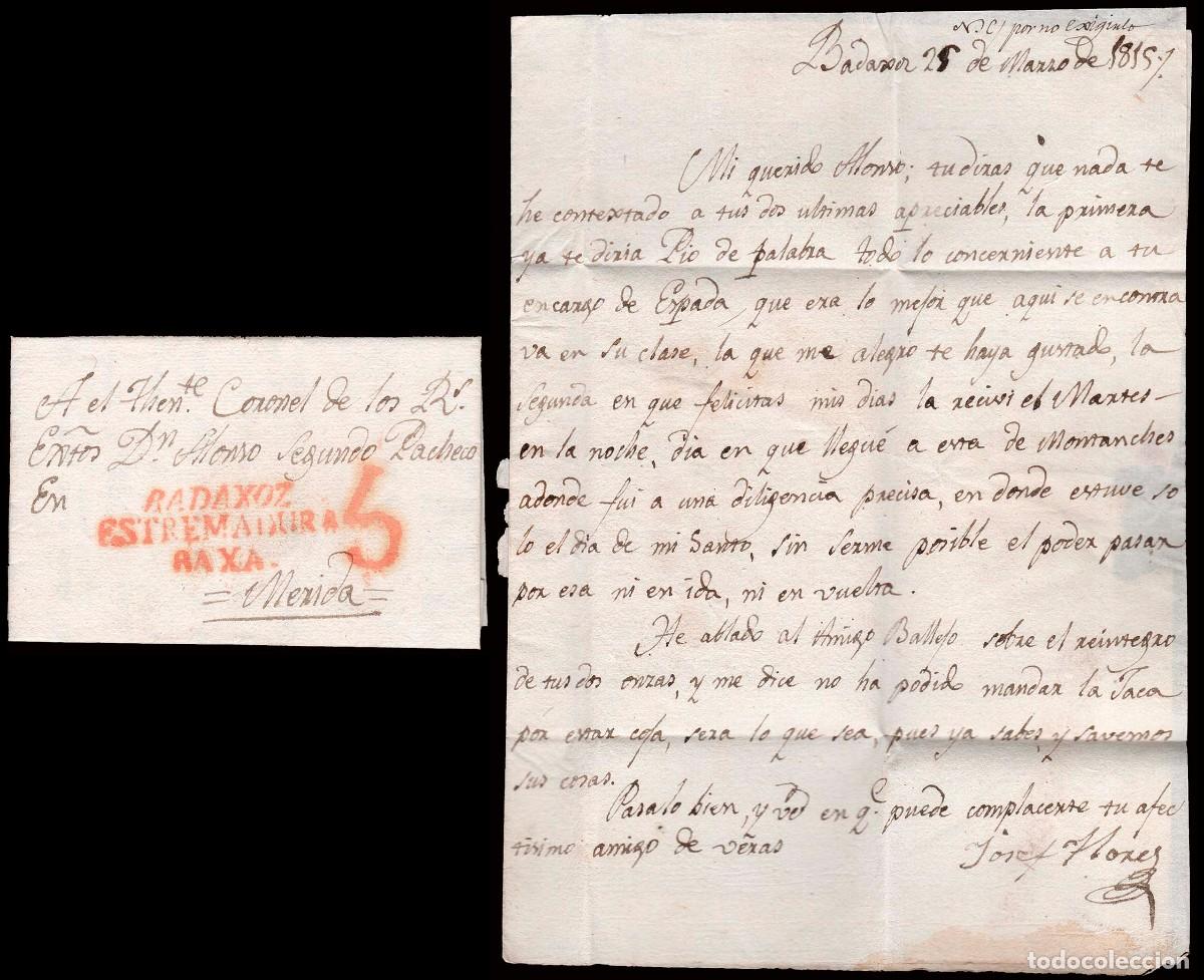 Sellos: Badajoz - Prefilatelia - PE 8R - 1815 - Carta a M&eacute;rida + porteo &rdquo;5&rdquo;