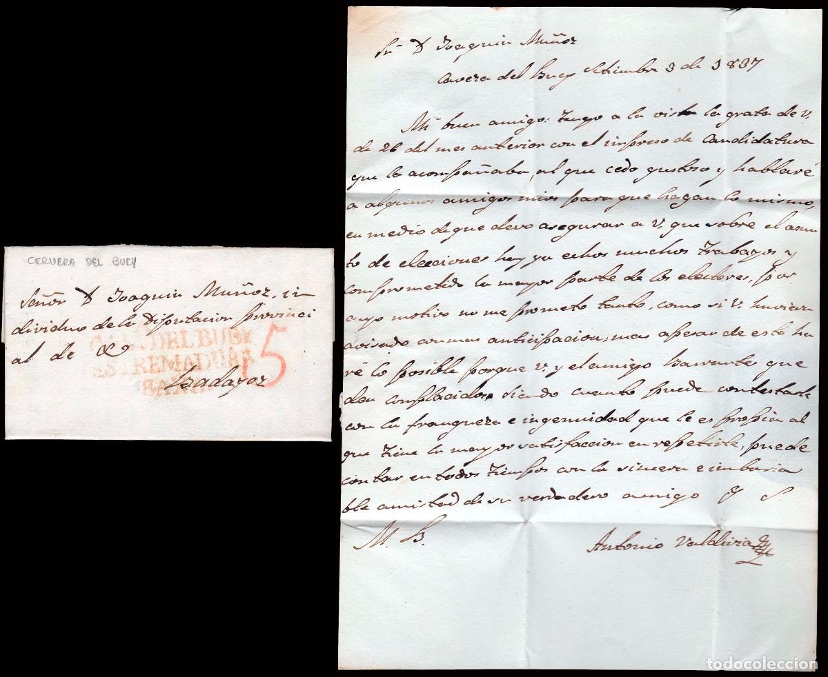 Sellos: Badajoz - Prefilatelia - Cabeza de Buey PE 1R - 1837 - Carta a Badajoz + porteo &rdquo;5&rdquo;