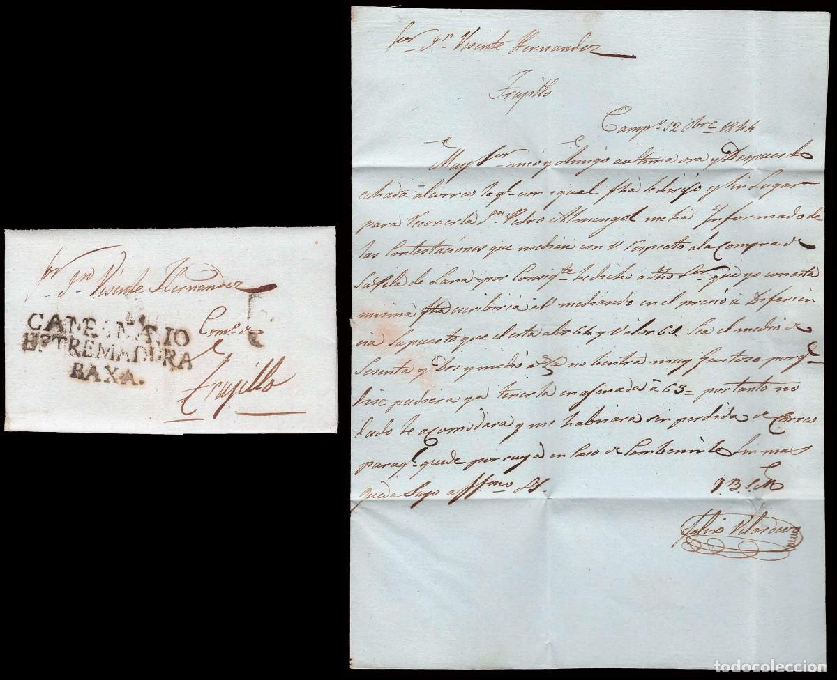 Sellos: Badajoz - Prefilatelia - Campanario PE 1N - 1844 - Carta a Trujillo + porteo &rdquo;5&rdquo;
