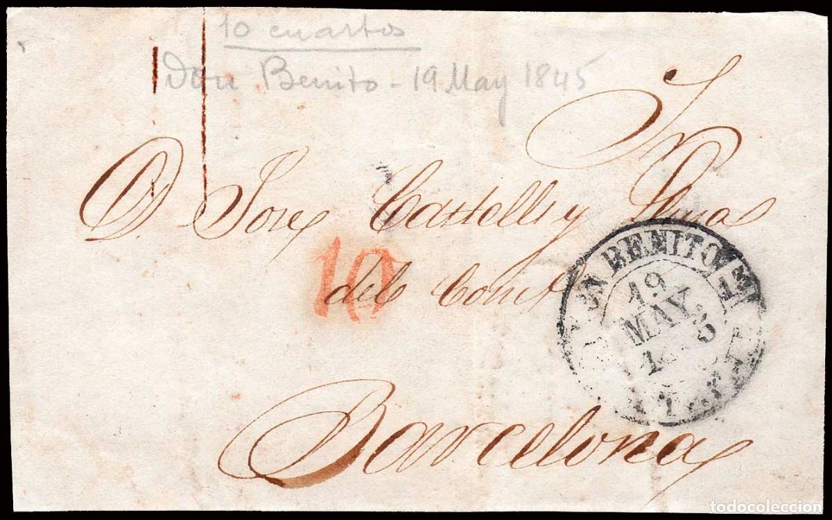 Sellos: Badajoz - Prefilatelia - Don Benito PE 4N - 1844 - Frontal a Barcelona + porteo &rdquo;21&rdquo;