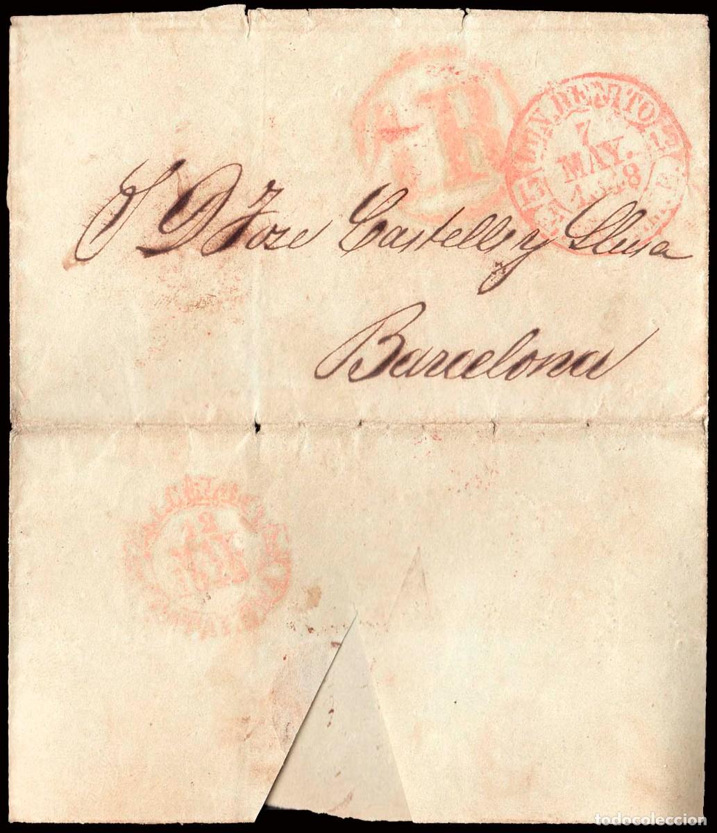 Sellos: Badajoz - Prefilatelia - Don Benito PE 4R - 1848 - Envuelta a Barcelona + porteo &rdquo;1R&rdquo;