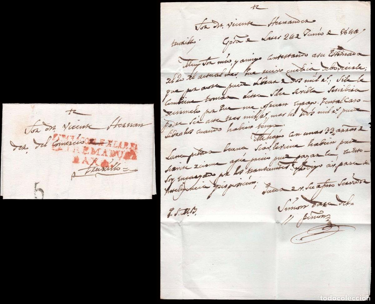 Sellos: Badajoz - Prefilatelia - Esparragosa de Lares PE 1R - 1844 - Carta a Trujillo + porteo &rdquo;5&rdquo;