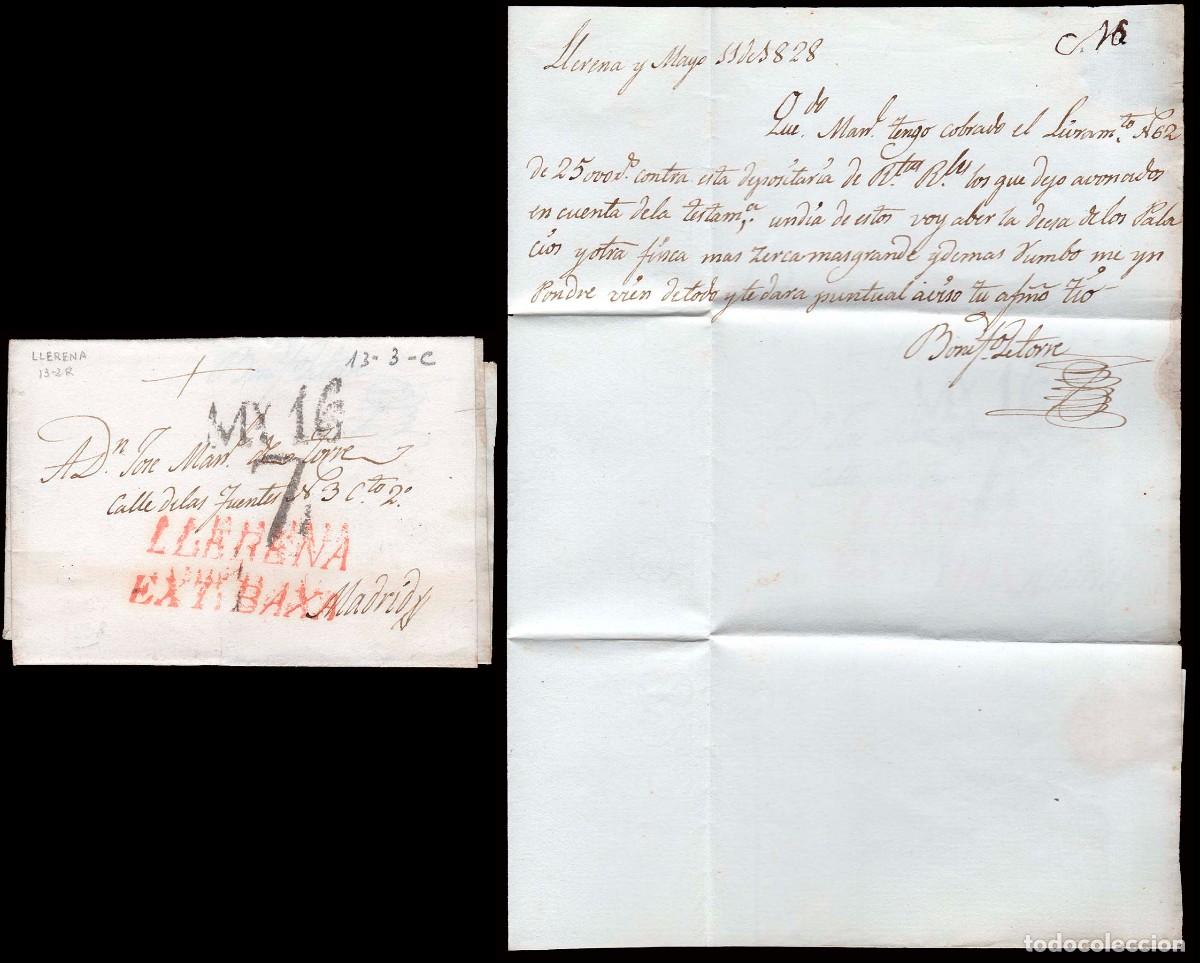 Sellos: Badajoz - Prefilatelia - Llerena PE 5R - 1828 - Carta a Madrid + porteo &rdquo;7&rdquo;