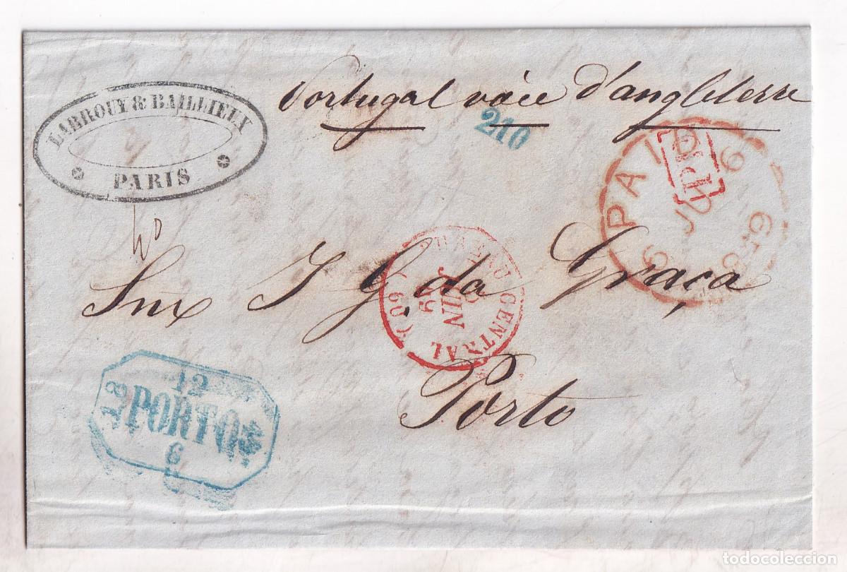 Sellos: PREFILATELIA. CARTA ENTERA. PAR&Iacute;S A PORTO. PORTUGAL. 1849. V&Iacute;A INGLATERRA