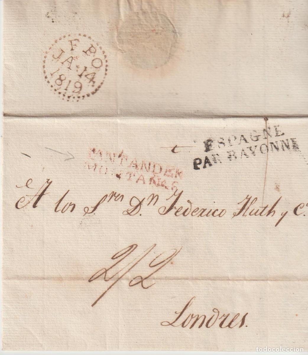 Sellos: Prefilatelia. 1819. Santander a Londres. Carta completa.