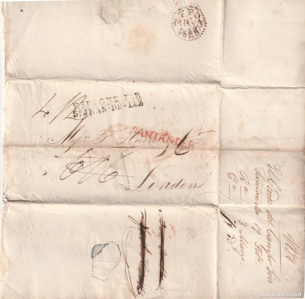 Sellos: Prefilatelia. 1828. Santander a Londres. Corte de desinfecci&oacute;n.