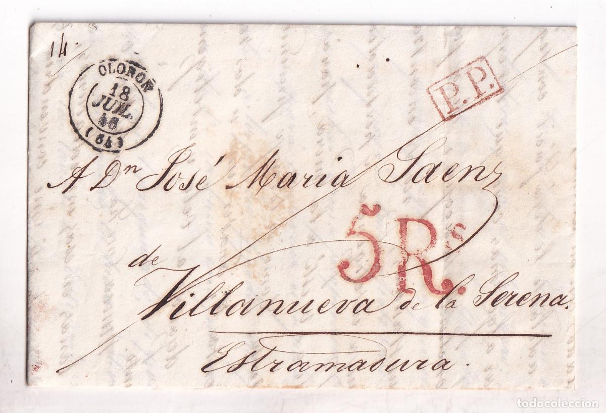Sellos: PREFILATELIA. CARTA ENTERA. OLORON. 1846. A VILLANUEVA DE LA SERENA. EXTREMADURA. BONITO PORTEO