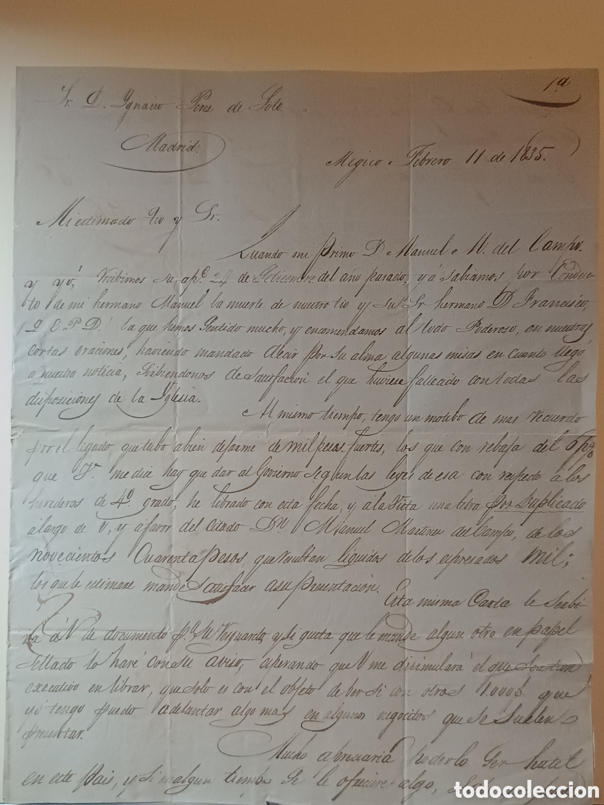 Sellos: 1835 M&Eacute;XICO A MADRID. CARTA MANUSCRITA HERENCIA 1.000 PESOS IGNACIO P&Eacute;REZ DE SOTO