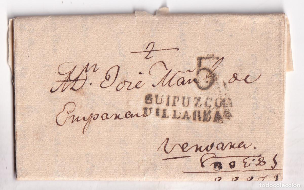 Sellos: PREFILATELIA. CARTA ENTERA. LEGORRETA A VERGARA. MARCA VILLARREAL 1827 PA&Iacute;S VASCO. BUENA ESTAMPACI&Oacute;N