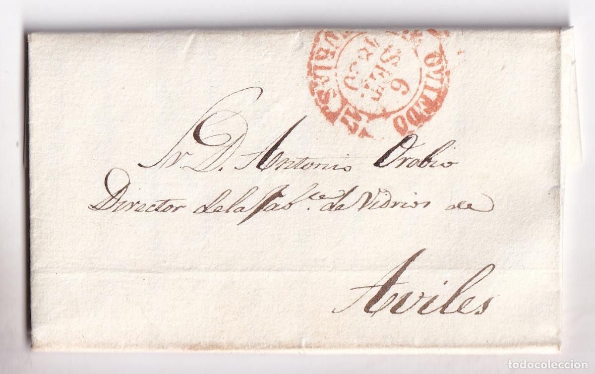 Sellos: PREFILATELIA. CARTA ENTERA. OVIEDO. AL DTOR. F&Aacute;BRICA DE VIDRIOS AVIL&Eacute;S. 1850. ASTURIAS