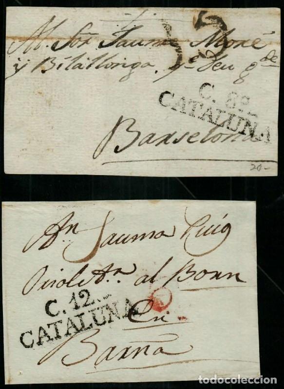 Sellos: FA0821K. PREFILATELIA. Conjunto de 2 sobrescritos con destino a Barcelona