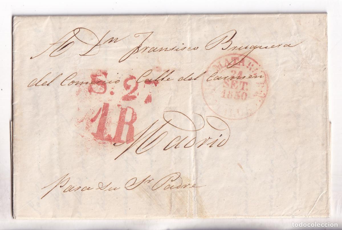Sellos: PREFILATELIA. CARTA ENTERA. MATAR&Oacute;. 1850. BARCELONA. A MADRID