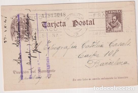 Stamps: Tarjeta entero Postal 83. circulada de San Sebasti&aacute;n a Barcelona del 27 Nov. 1941