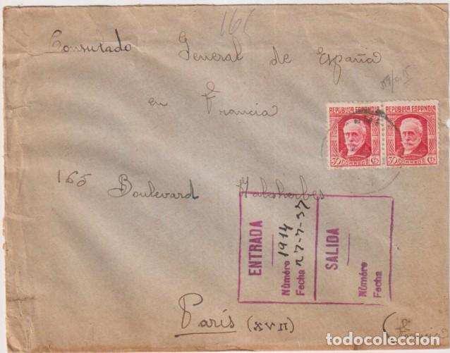 Sellos: Sobre de Barcelona al Consulado General de Espa&ntilde;a en Paris del 14 Jul 1937 Con pareja de Edifil 734.