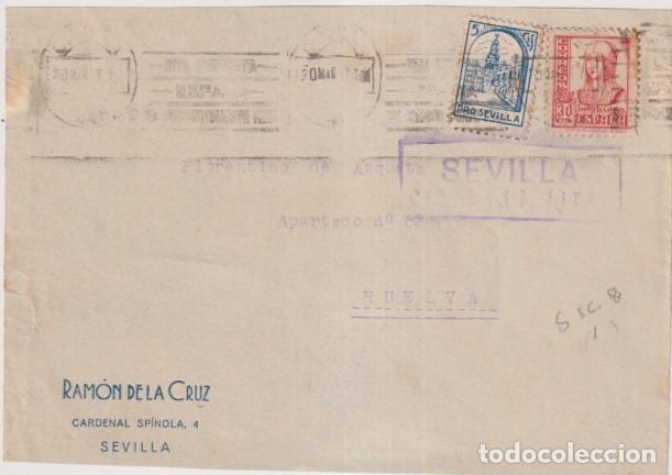 Sellos: Frontal de Carta con membrete de Huelva a Sevilla del 20 mar. 1937 con Vi&ntilde;eta Pro-Sevilla y 30 Cts.