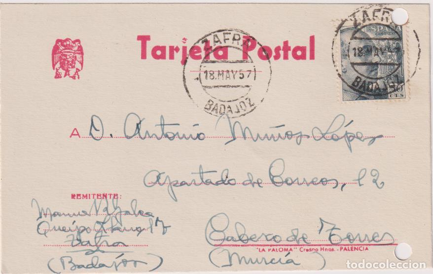 Sellos: Tarjeta Postal. De Zafra a Cabezo de Torres del 18-May. 57