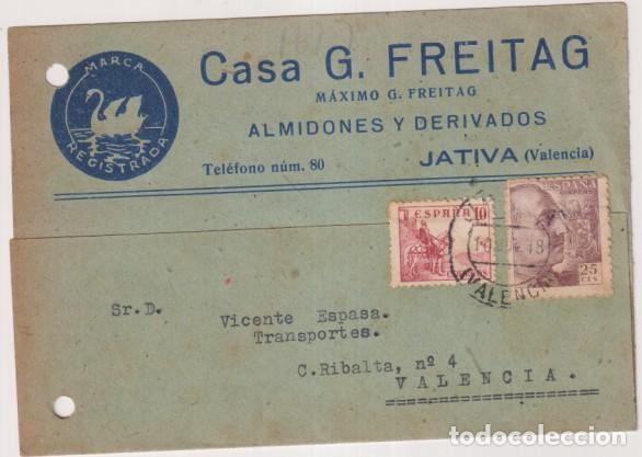 Sellos: Postal con Membrete de J&aacute;tiva a Valencia. del 10 Jul 1948