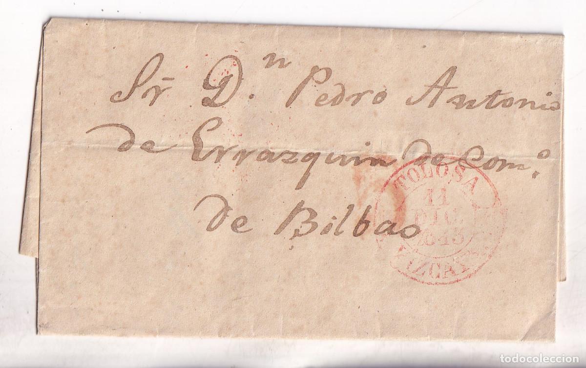 Sellos: PREFILATELIA. ENVUELTA. TOLOSA. GUIP&Uacute;ZCOA. A BILBAO. 1843. PA&Iacute;S VASCO. BAEZAS