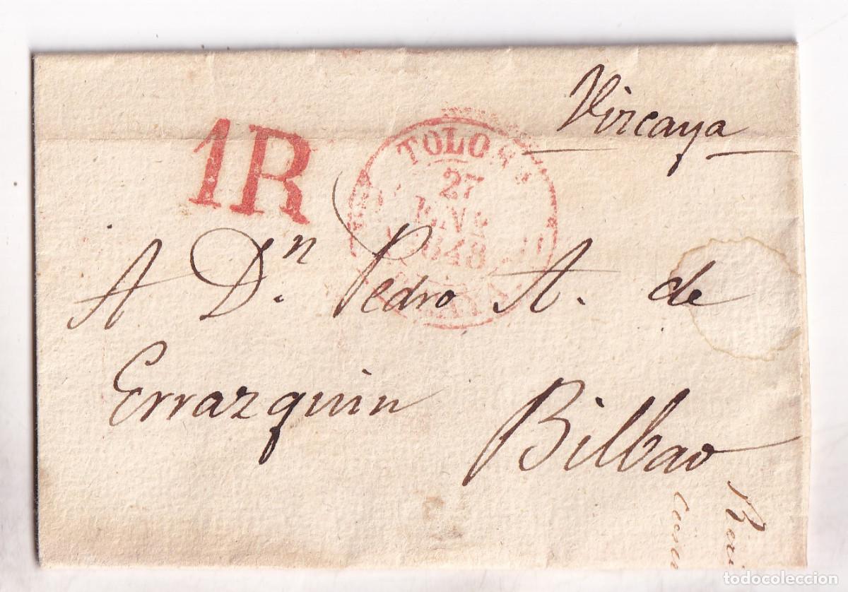 Sellos: PREFILATELIA. ENVUELTA. TOLOSA. GUIP&Uacute;ZCOA. A BILBAO. 1848. PA&Iacute;S VASCO. BAEZAS