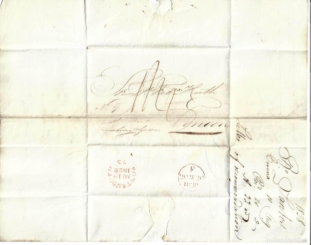 Stamps: 1828 Carta prefilatelia Coru&ntilde;a a Londres Marca entrada correo mar&iacute;timo PORTSMOUTH LEER TRANSCRIPCION