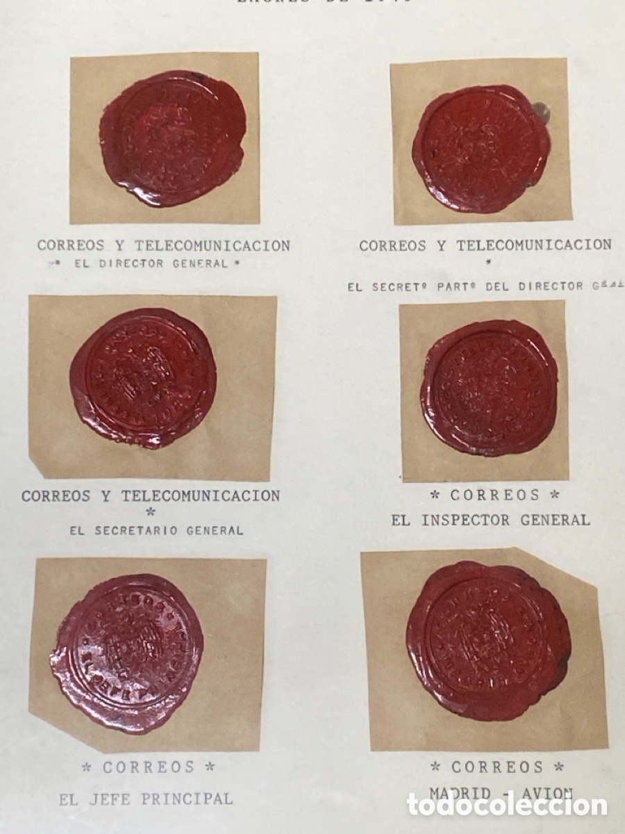 Sellos: CORREOS Y TELECOMUNICACI&Oacute;N 6 Lacres 1940 del Jefe Principal Director Secretario El Inspector General