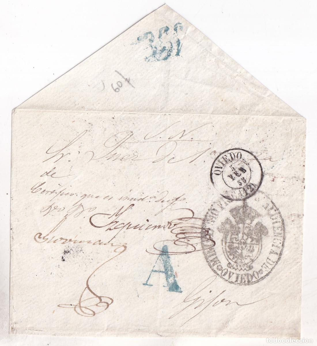 Sellos: PREFILATELIA. PEQUE&Ntilde;O FRENTE DE PLICA OVIEDO A GIJ&Oacute;N. ASTURIAS. 1858. MARCA DE ABONO