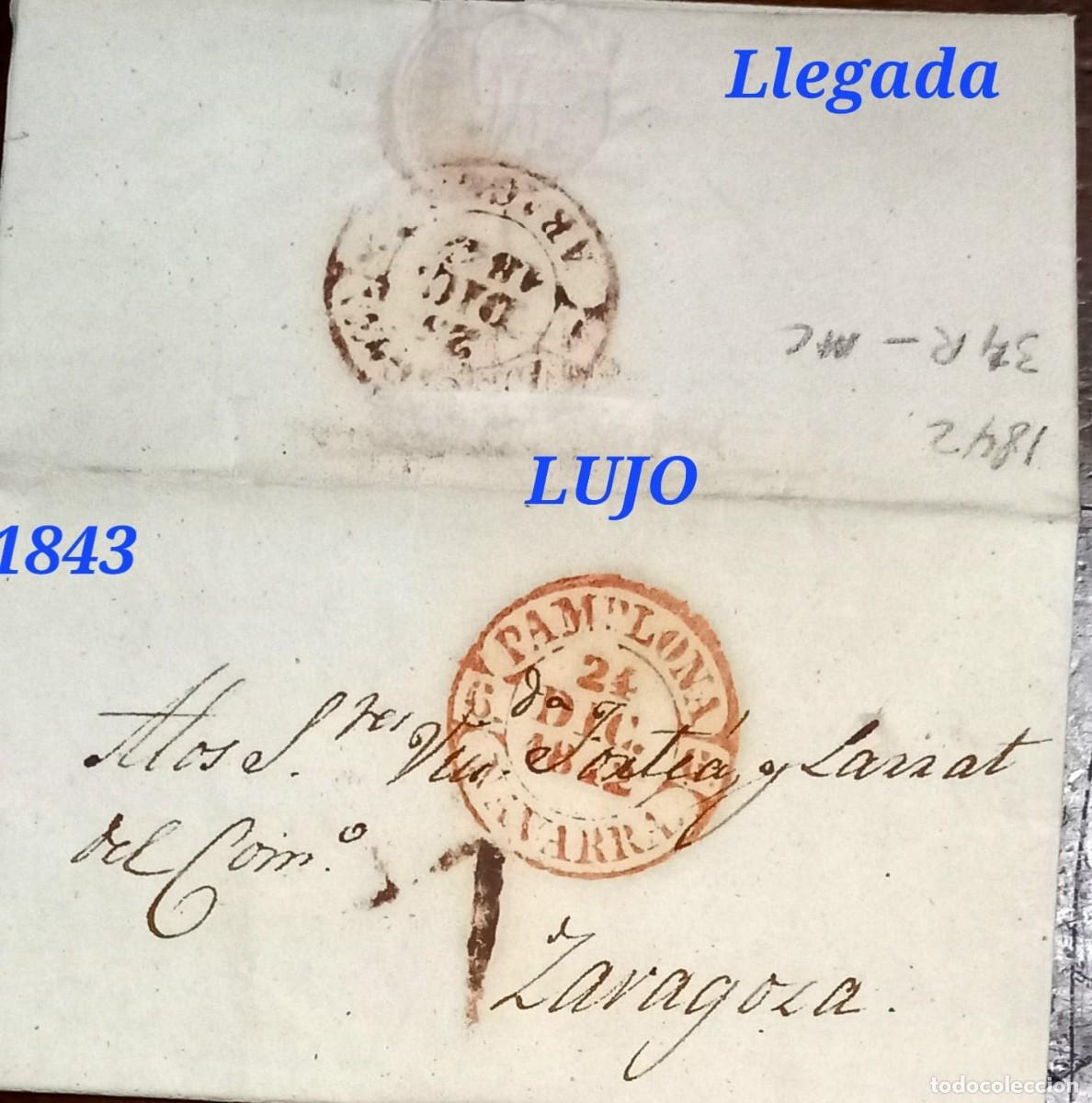 Sellos: 1843.SOBRESCRITO Y FECHADORES BAEZA DE SALIDA Y LLEGADA en ROJO. D.P.6 - Pamplona 34 R. LUJO