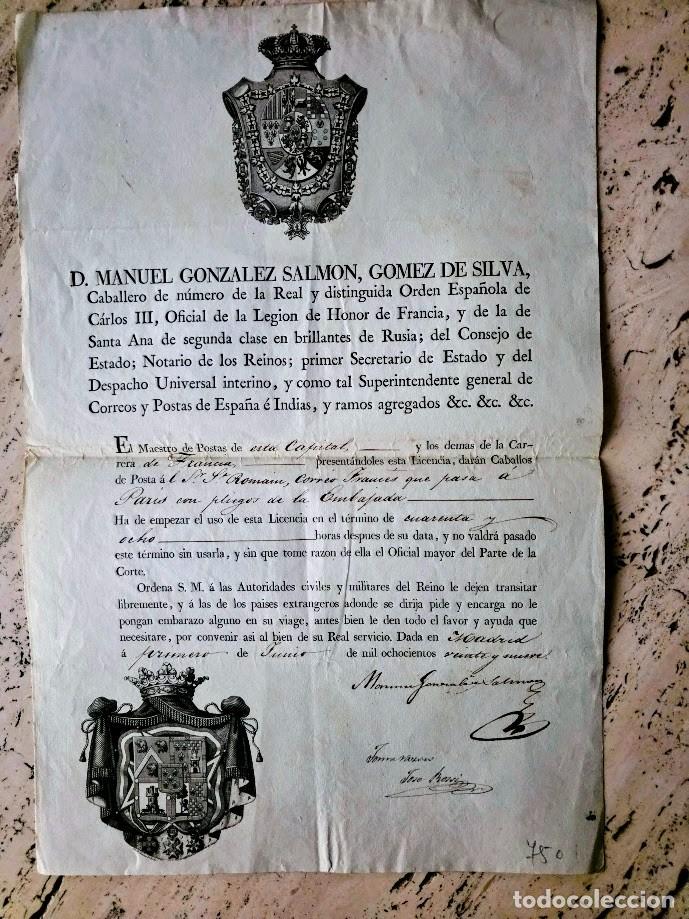 Sellos: 1829 Excepcional Pasaporte o licencia de postas firma Superintendente general de Correos Espa&ntilde;a LEER