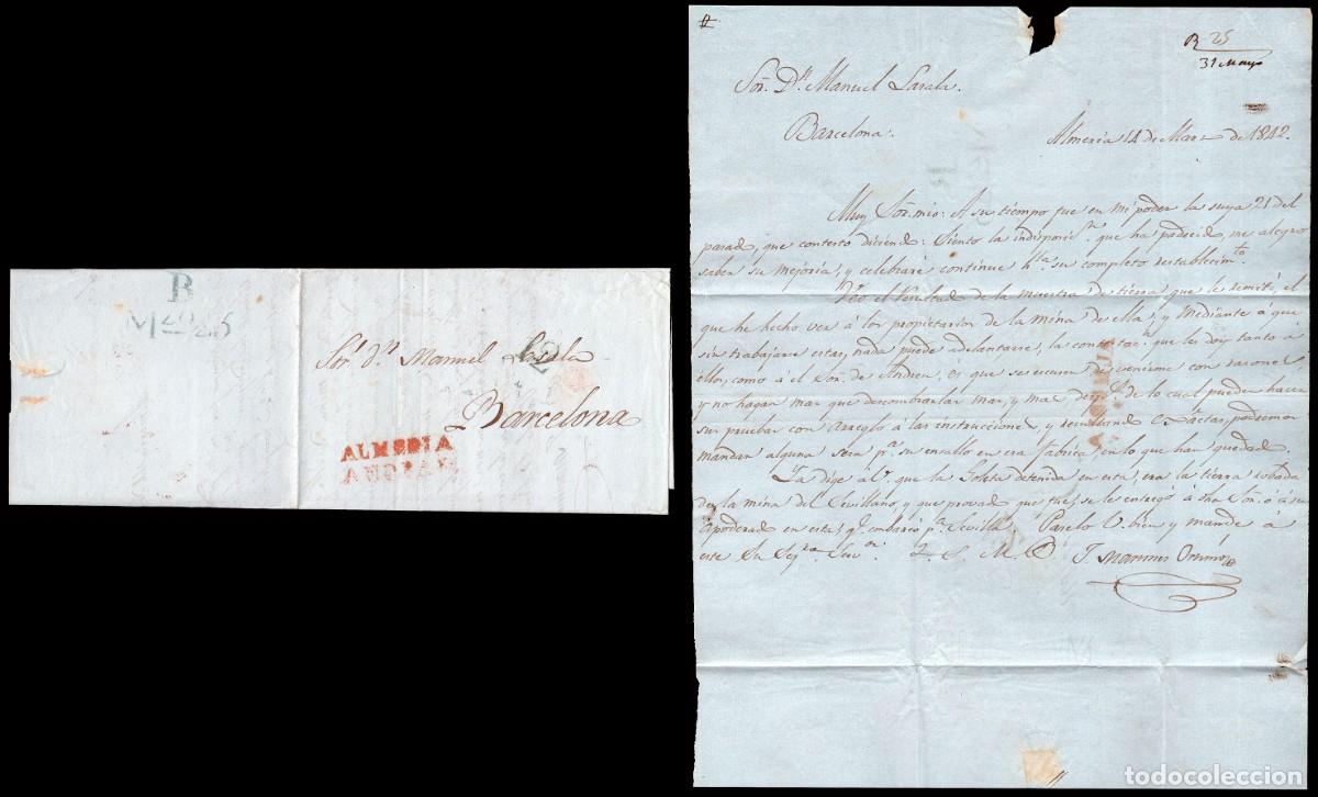 Sellos: Almer&iacute;a - Prefilatelia - PE 7 - 1842 - Carta a Barcelona + porteo &rdquo;12&rdquo;