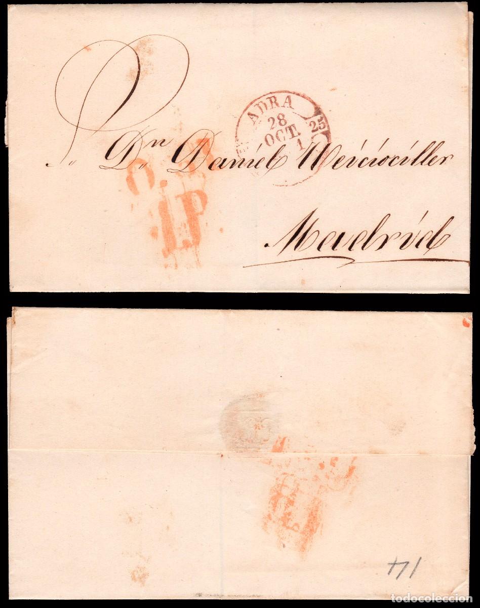 Sellos: Almer&iacute;a - Prefilatelia - Adra PE 2 - 1851 - Envuelta a Madrid + porteo &rdquo;1R&rdquo;