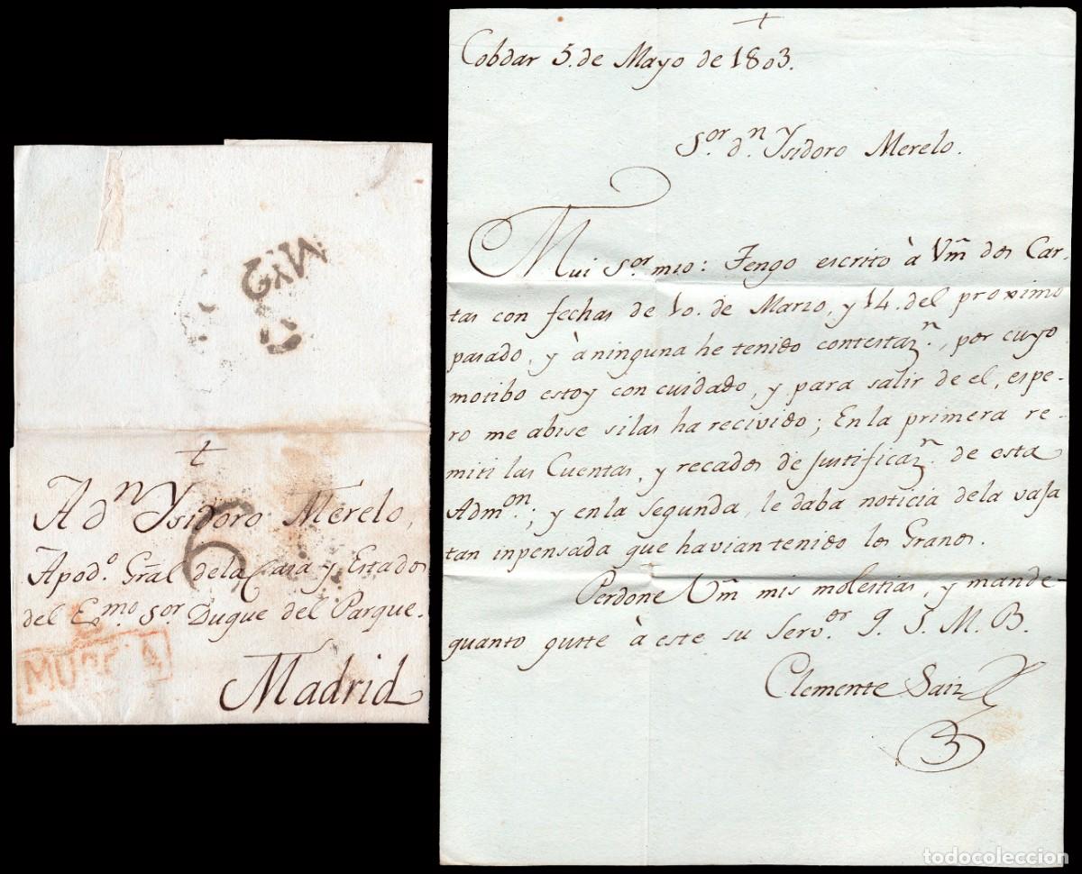 Sellos: Almer&iacute;a - Prefilatelia - 1803 - Carta fechada en C&oacute;bdar con marca Lorca PE 3R a Madrid +