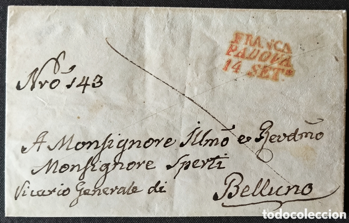Sellos: ITALIA. 1842. Carta de PADUA a BELLUNO. Marcas *FRANCA* y *PADOVA/14 SET*. PREGUERRA INDEPENDENCIA