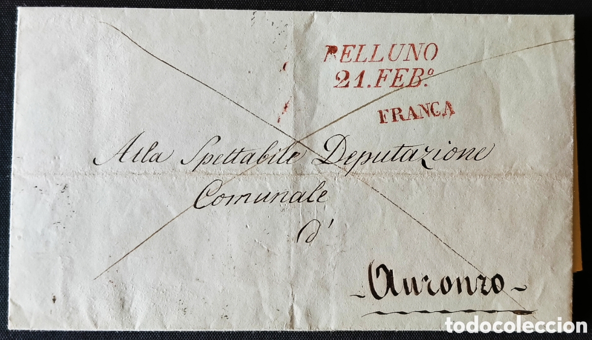 Sellos: ITALIA. 1845. Carta BELLUNO a AURONZO. MEMBRETE y FIRMA AUT&Oacute;GRAFA del ARQUITECTO GIUSEPPE SEGUSINI
