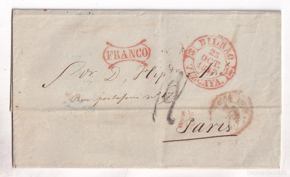 Sellos: PREFILATELIA. ENVUELTA. BILBAO. FRANCO. 1847. LUJO. A PAR&Iacute;S. PA&Iacute;S VASCO