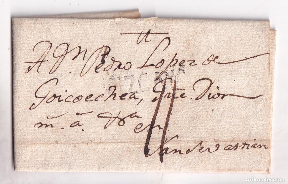 Sellos: PREFILATELIA. CARTA ENTERA. TOLOSA. GUIP&Uacute;ZCOA. 1803. A SAN SEBASTI&Aacute;N. PA&Iacute;S VASCO. RARA
